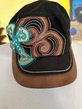 Vintage Kbethos Black & Brown Embroidered Cap With Teal Cross Rhinestone Accents